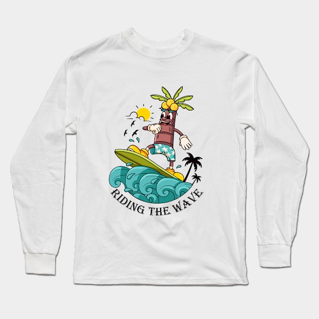 Riding the Wave, a coconut tree cartoon mascot who surfs the waves Long Sleeve T-Shirt by Vyndesign